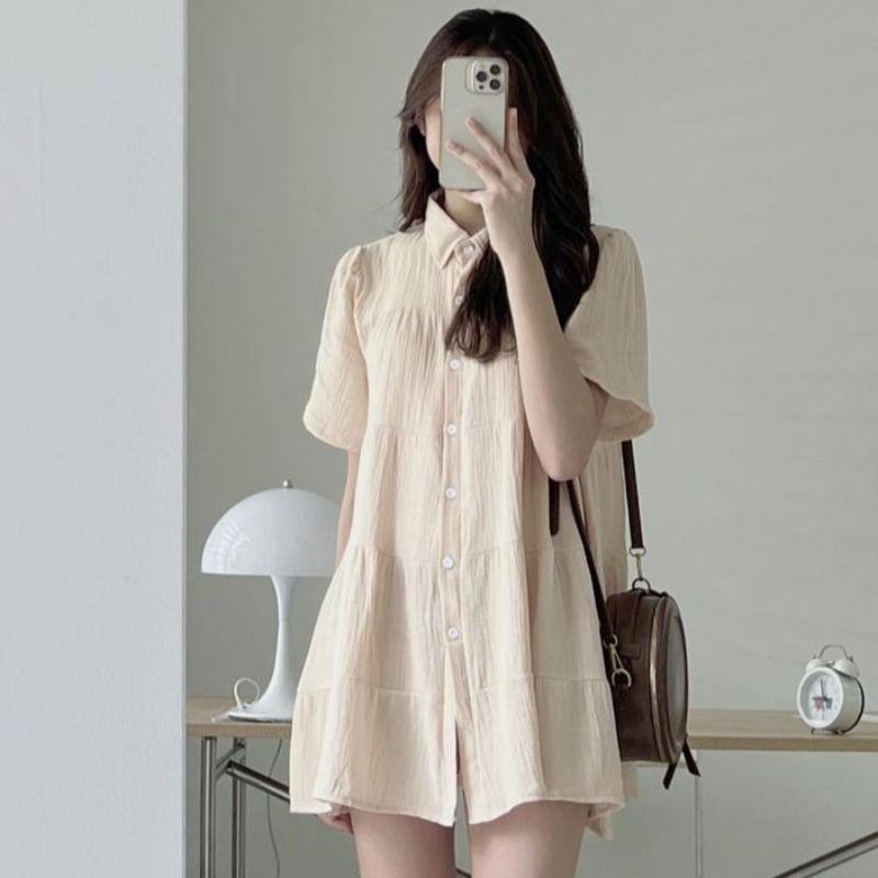 Plus Size Women Summer Shirt Dress Loose Korean Short Sleeve Dresses