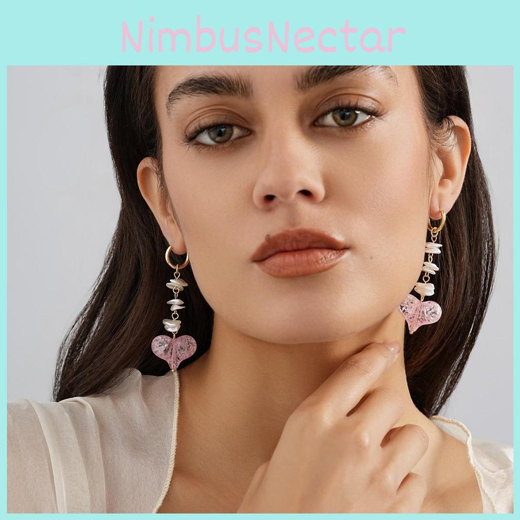 Long Pink Heart Shaped Earrings With Pearls Adorned For Stylish Women