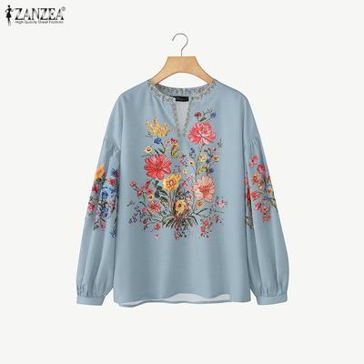 Women Casual V-Neck Loose Long Sleeve Print Blouse