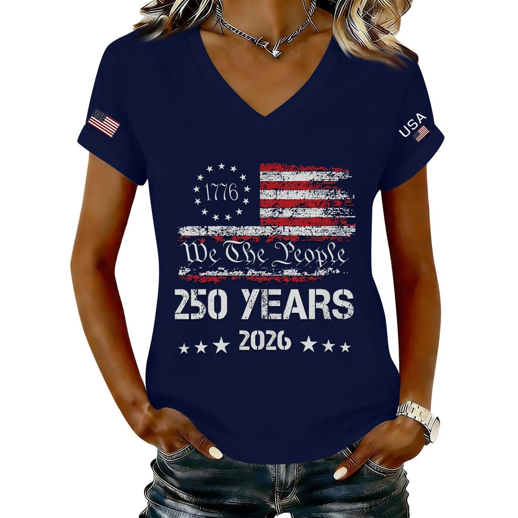 Women's Fashionable V-Neck Casual Retro Print Short Sleeved T-shirt Top