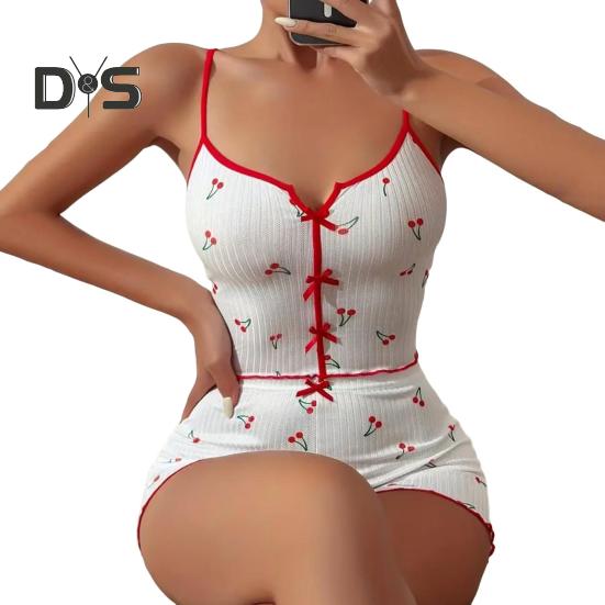 

2 шт./комплект, женская летняя пижама, костюм с принтом бабочки и сердца, без рукавов, с открытой спиной, топ с высокой талией, мини-шорты, повседневная ночная рубашка, облегающая одежда для сна M арбуз красный