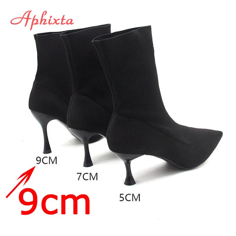 Fashion Aphixta 9cm 7cm 5cm Stretch Fabric Socks Boots Women Black Shoes Elegant Pointed Toe Knitting Elastic Ankle Boots for Women