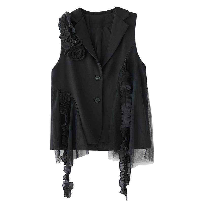 DIMANAF 2025 Spring Plus Size Women Sleeveless Buttons Vest Flower Style Solid Coat Casual Loose Black Tops