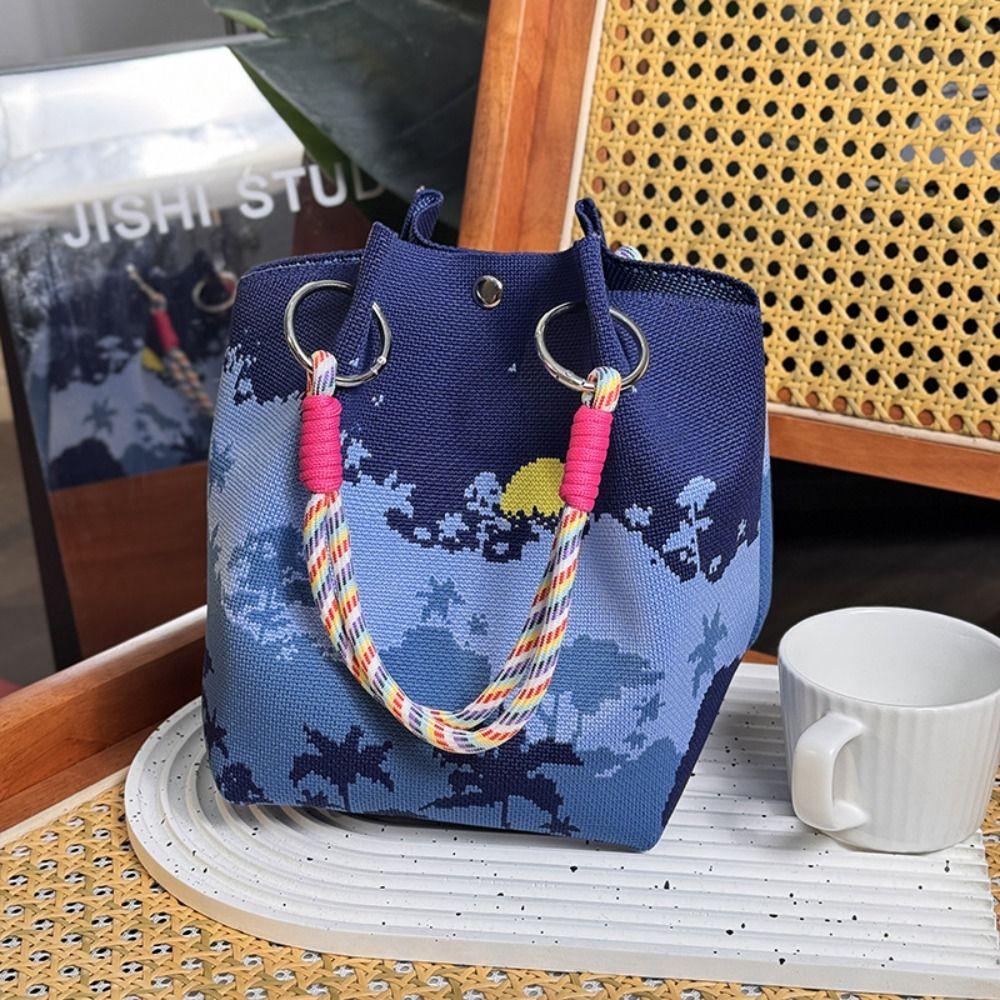 Cute Knitted Bucket Bag Creative Pattern Leisure Wrist Bag Versatile Portable Handbag for Women Girls