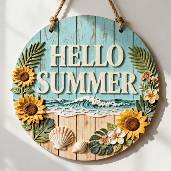 Handcrafted Wooden Wall Decor Natural Autumn/Summer Pendant with Hanging Rope for Front Door, Creative Rustic Entrance Door Sign Welcome Sign,