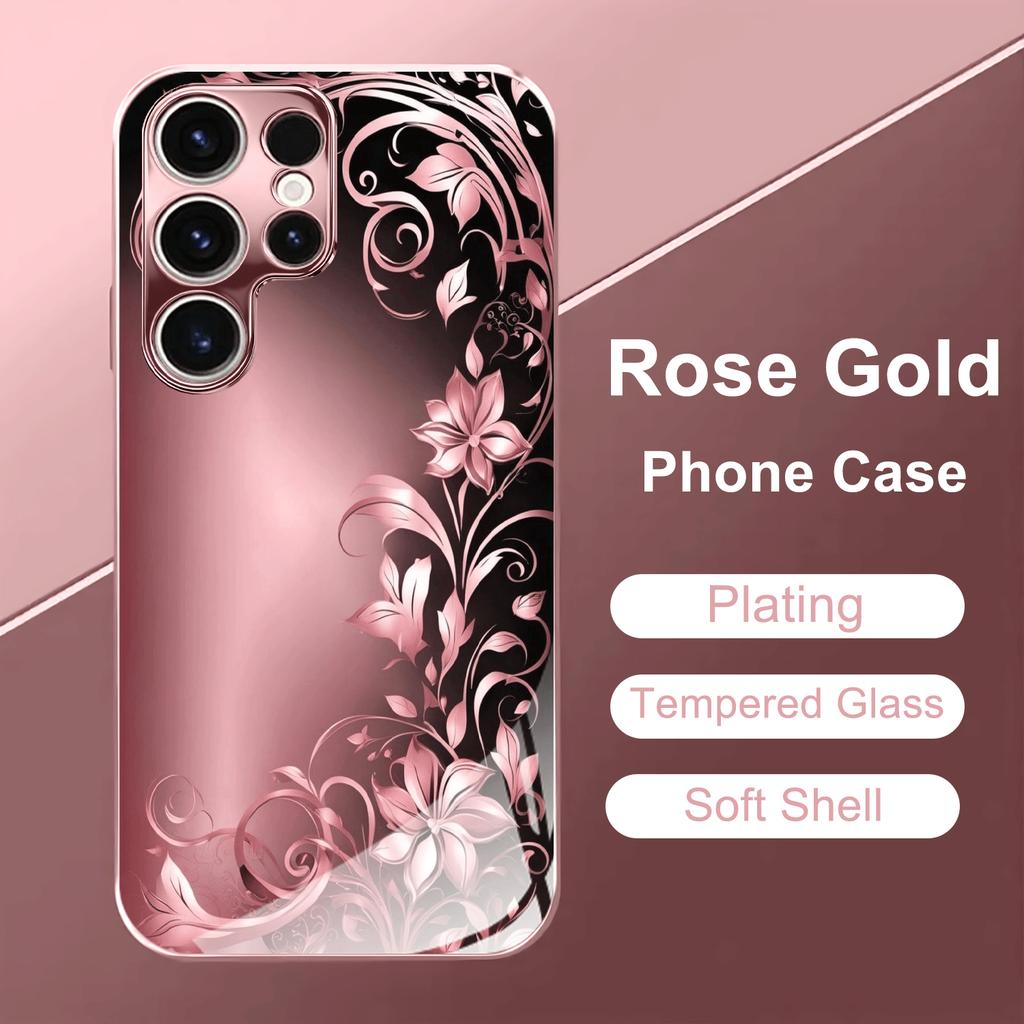 Rose gold Floral pattern Exquisite PhoneCase Glass PhoneCase for Samsung Galaxy S26 S25 S24 S23 S22 FE Ultra Plus Dropresistant