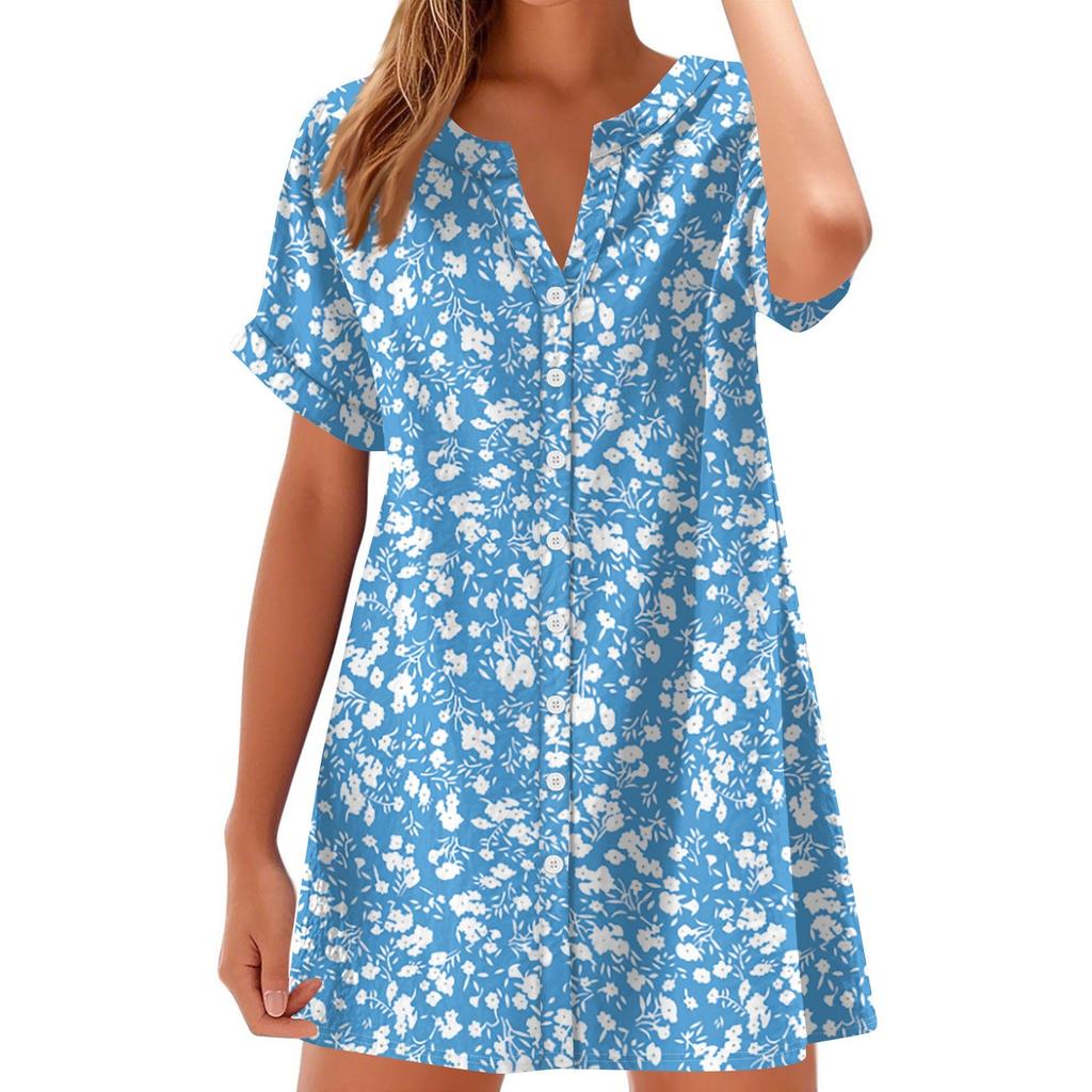 Women Fashion Casual V-neck Short Sleeve Button Retro Floral Print Dress