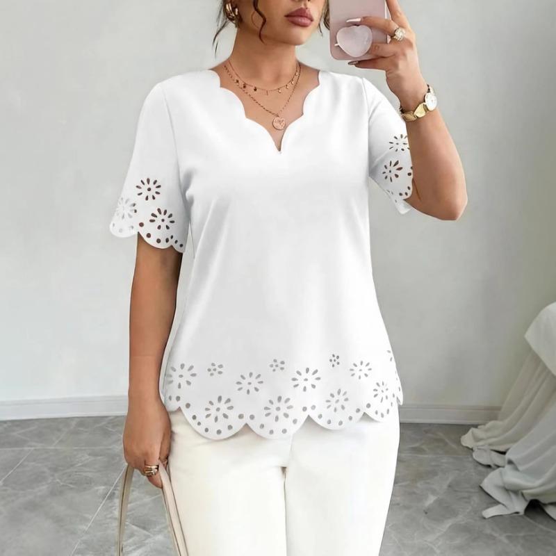 Summer women's new style fashionable and elegant wavy collar burnt flower hollow short-sleeved T-shirt
