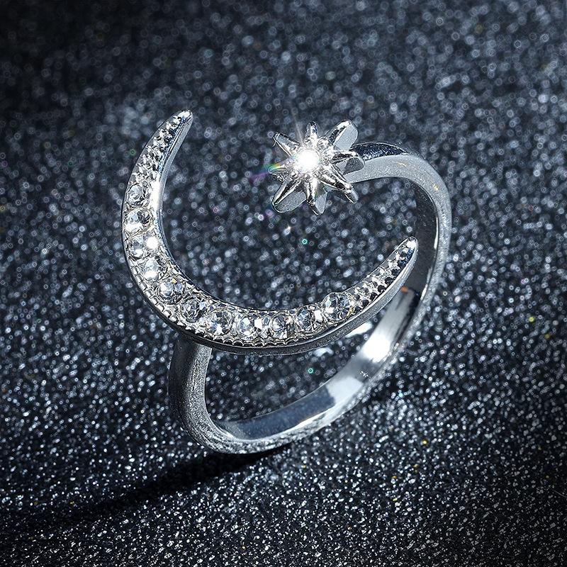 

Fashion Finger Ring Silver Color Star Moon Rings For Women Wedding Party Jewelry Shine Crystal Metal Flower Opening anillo серебряный