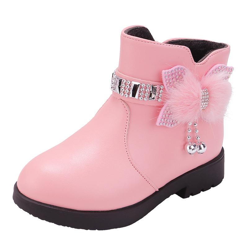 Winter New Children's Shoes Girl Mid Length Warm Leather Boots Baby Bow Cute Plush Student Cotton Boots
