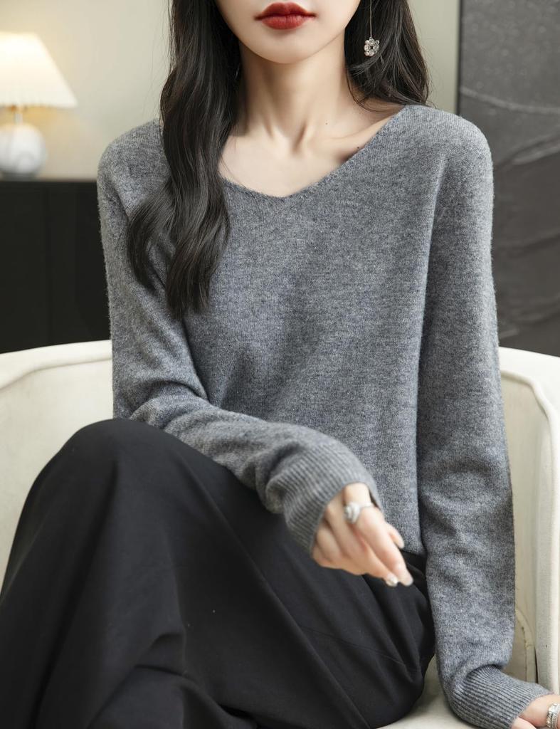 Yokbeer Merino Wool First Long Seamless Knitwear for 100% Women's V-Neck Sweater, Line, Ready-to-Wear, Warm, Sleeve, Cashmere-Like, Fall/Winter (Gray,