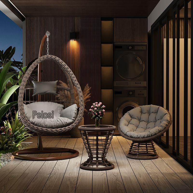 Outdoor Courtyard Rocking Chair Set with Hanging Chair and Recliner