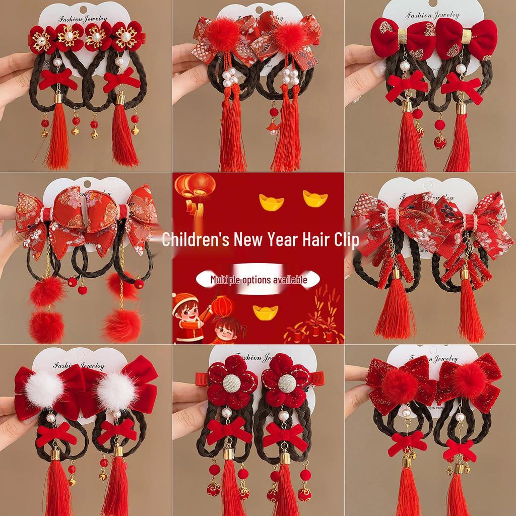 Fermacapelli Rosso a Fiocco Stile Antico - Accessorio Festivo per Hanfu da Bambina, Perfetto per le Celebrazioni di Capodanno