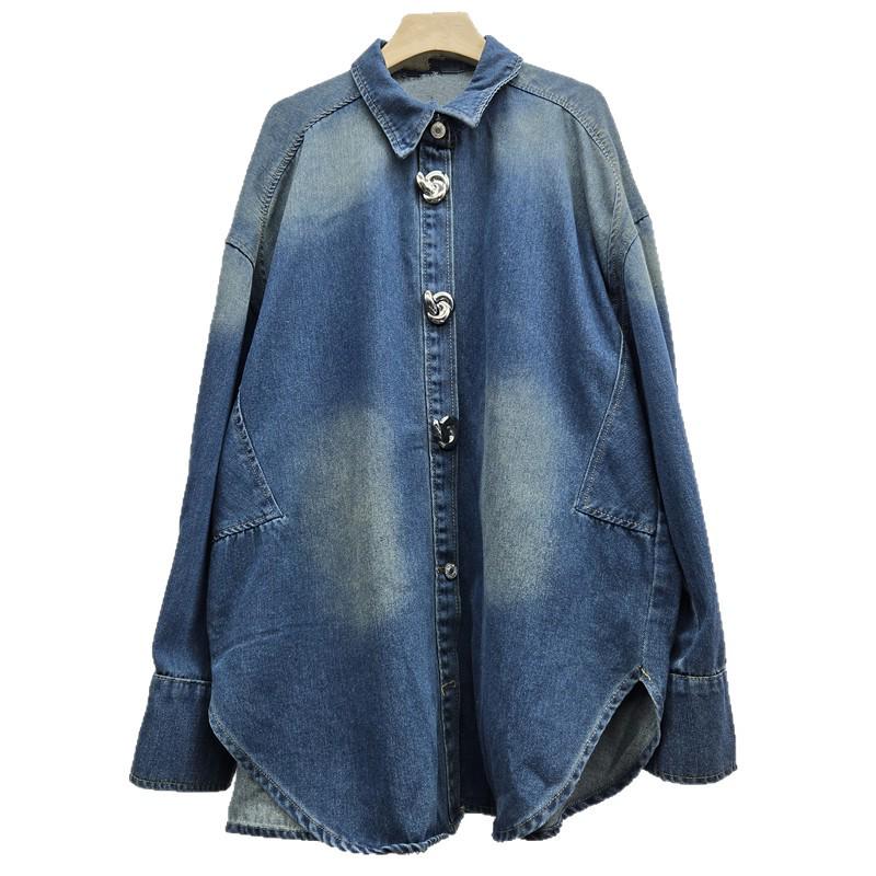 European Station Retro Washed Denim Shirt with 3D Buttons, Batwing Long Sleeves, and Lapel - Autumn/Winter Loose Street Style.