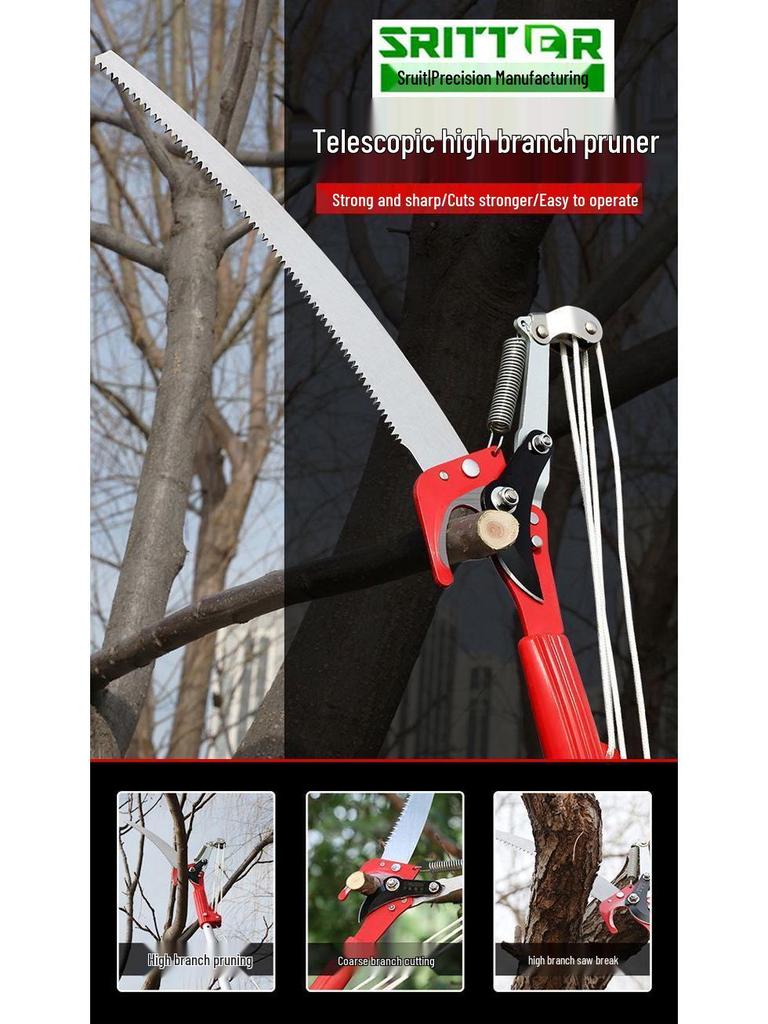 Aluminum Alloy Telescopic Pole and Pruner with High Branch Saw for Tree Pruning.