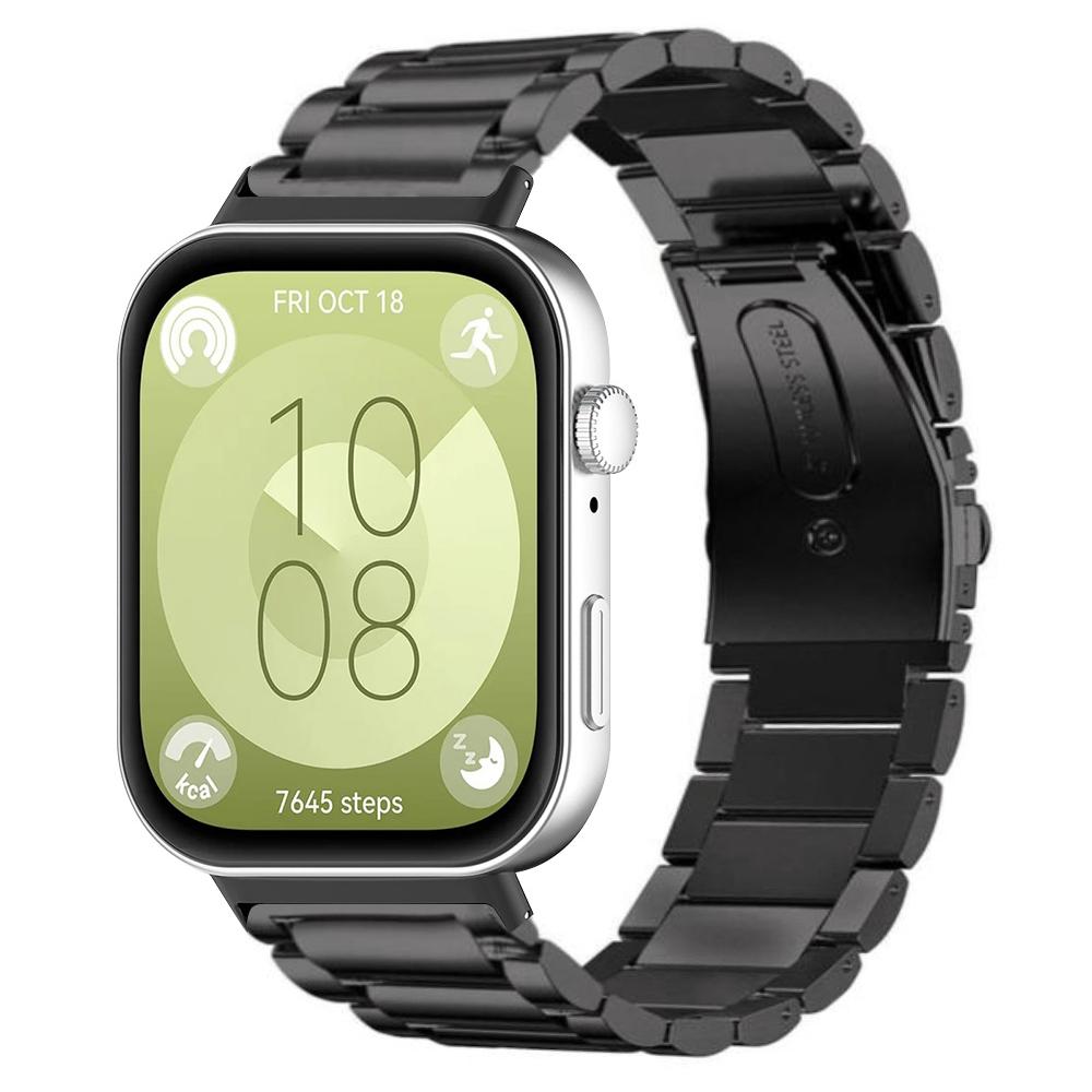 For Huawei Watch Fit 3 Band with Dual Press Buckle,3-Bead Steel Wrist Strap