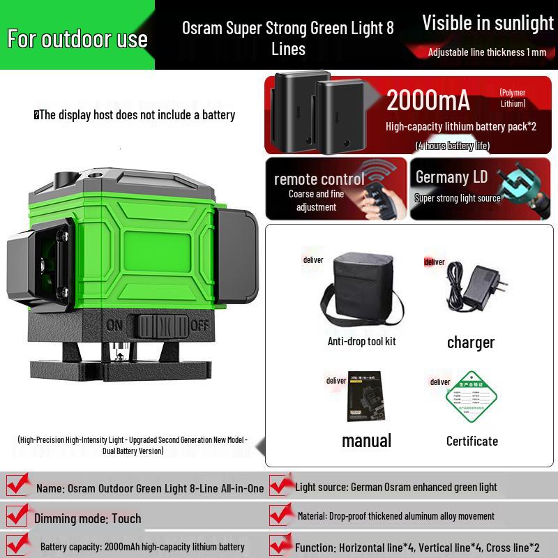 High-Precision Laser Level with 12-Line Green Infrared and Heavy-Duty Spirit Level