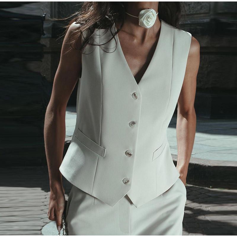 2025 frühling Sommer Casual Frauen Einfarbig Anzüge Mode Vintage V-ausschnitt Einreiher Westen Elastische Taille Lange Röcke Weibliche Sets