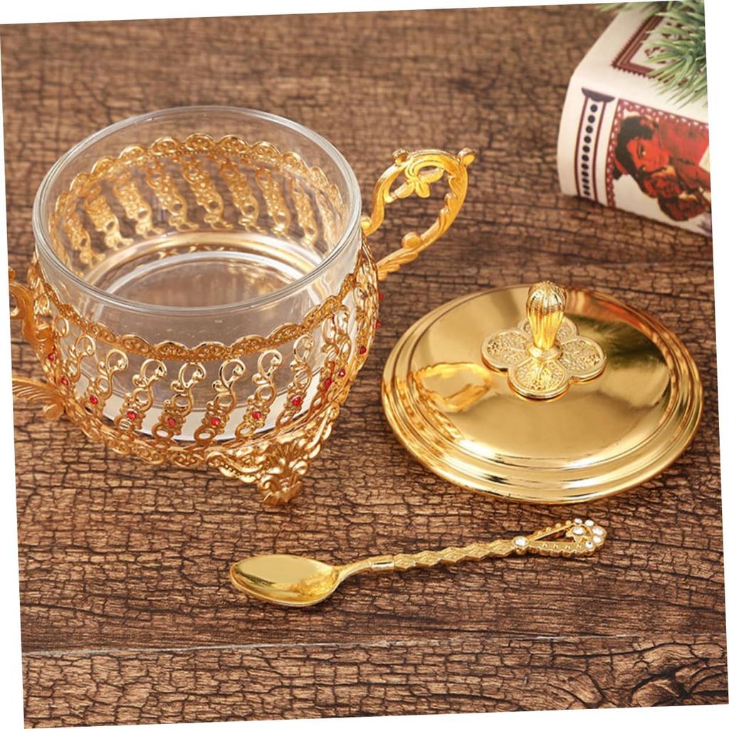 Sugar Bowl with Lid and Spoon Gold Glass Seasoning Spice Jar Candy Jar Set for Kitchen Coffee Bar Wedding Party