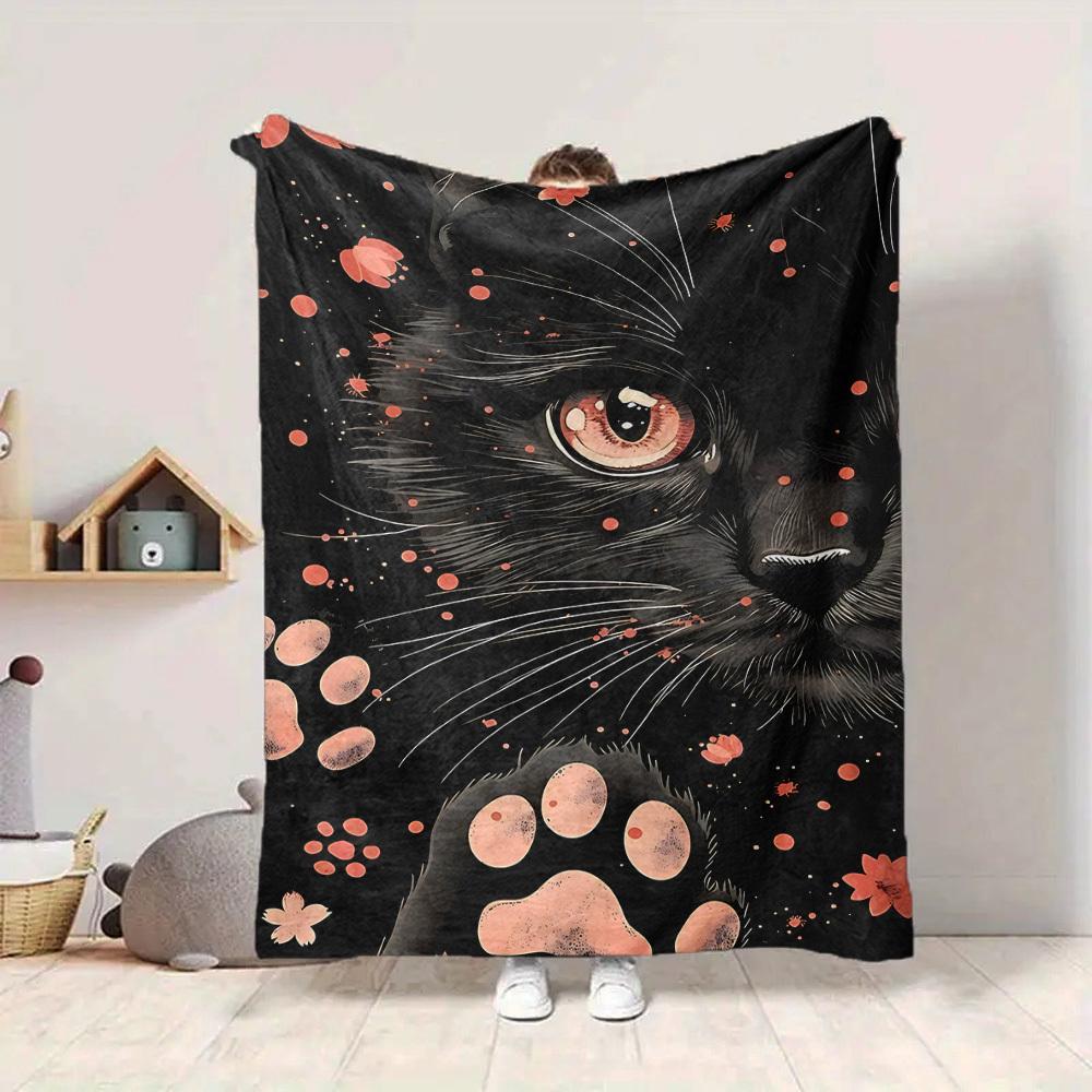 1pc Black Cat Print Blanket, Lightweight Flannel Throw For Sofa, Bed, Travel, Camping, Livingroom, Office, Couch, Chair