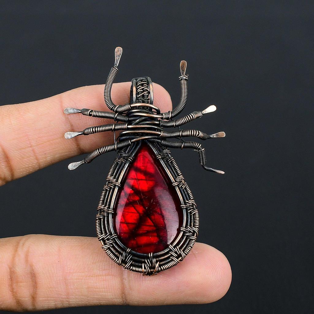Red Flash Labradorite Pendant, 999 Copper Wire Wrapped Jewelry, Gemstone Jewelry Pendant, Handmade Wedding Gift Jewelry