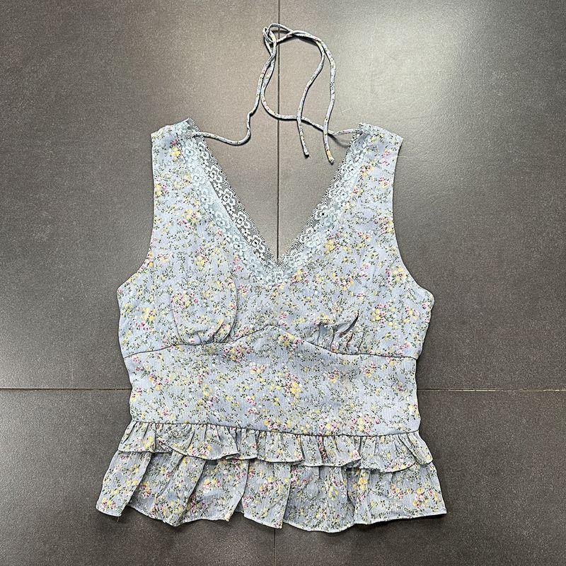 

Simple Original French Pastoral Style Front and Rear Deep V Eyelash Edge Elastic Waist Sleeveless Floral Tops Chiffon Blouses for Women Tops Women Blue Floral XL