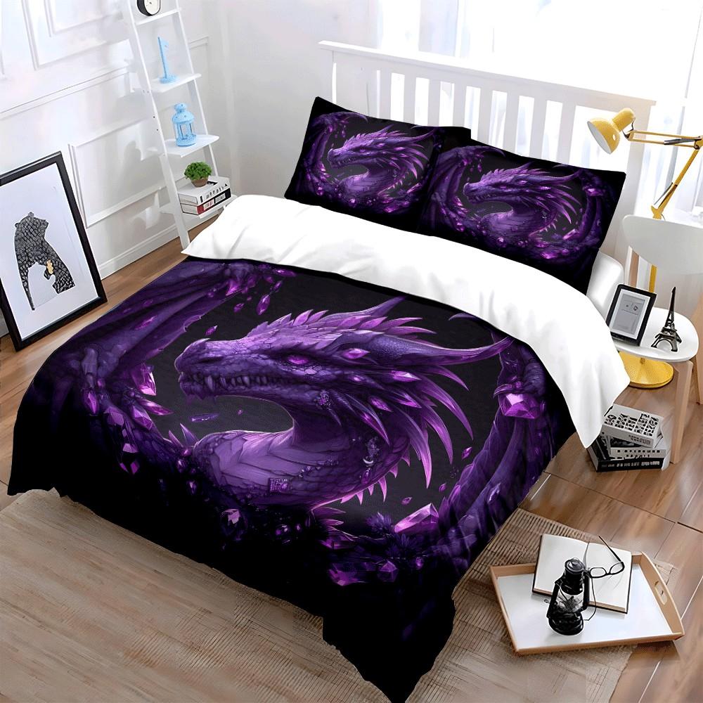 "Majestic Purple Dragon Fantasy Decor" Exquisite three-piece bedding set gift for kids and adults
