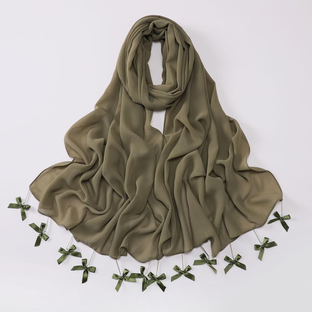New Chiffon Hijab Veil Scarf Hand-Sewn Glass Tube Bow Long Scarf Gauze Horse Muslim Women Hijab Islam Turban Headscarves Ladies