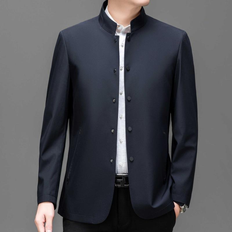 Frühling und Herbst Chinesische Tunikajacke Herren Casual Stehkragen Business Maulbeerseidenjacke mittleren Alters Papa Button-Up-Oberteil