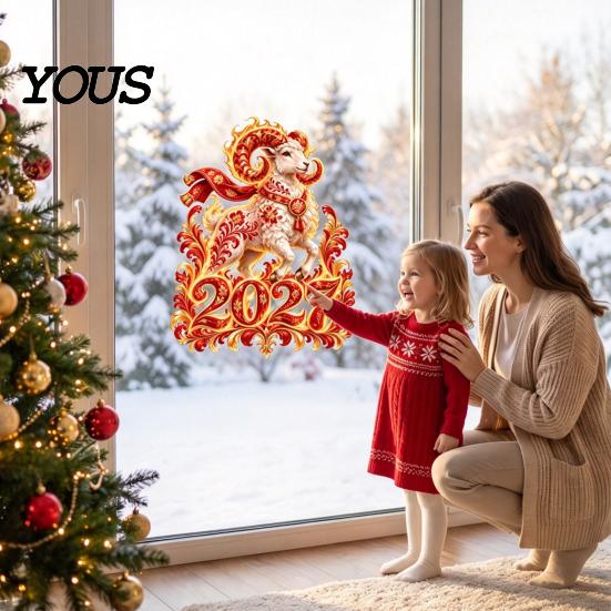 2027 New Year Celebration Decor Russian Flame Goat Static Glass Sticker, PVC Zodiac Sheep Window Cling for Home and Decorative Pattern Clings