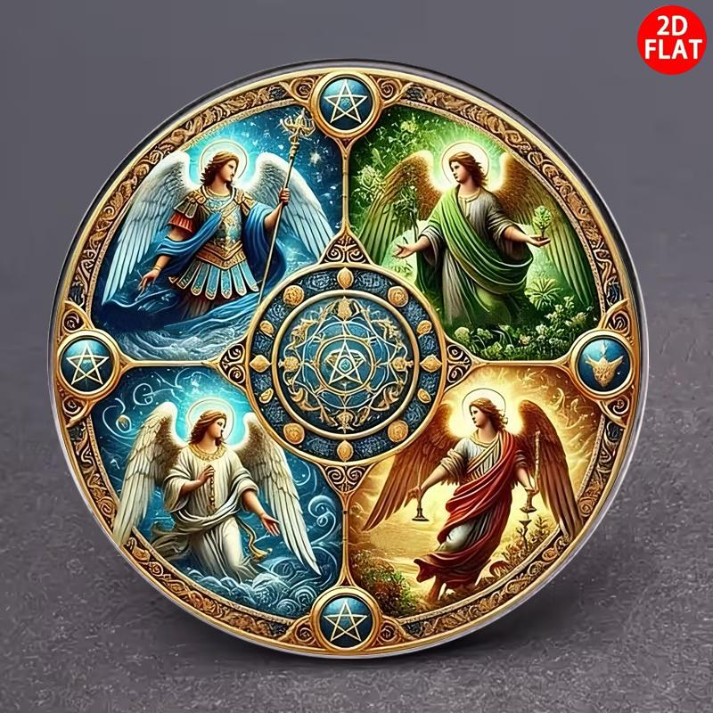 Vier Aartsengelen Pentagram Ronde Metalen Blikbord D Plat Religieus Engel Muurkunst Vintage Metalen Plaquette Huis Kamer Kerk Decor