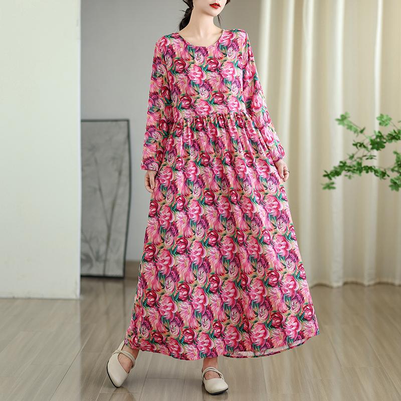 

DIMANAF Новое 2025 Женское Большого Размера Весеннее Длинное Платье Свободное Базовое Винтажное Оверсайз Длинный Рукав Макси Цветочное 2XL розовый