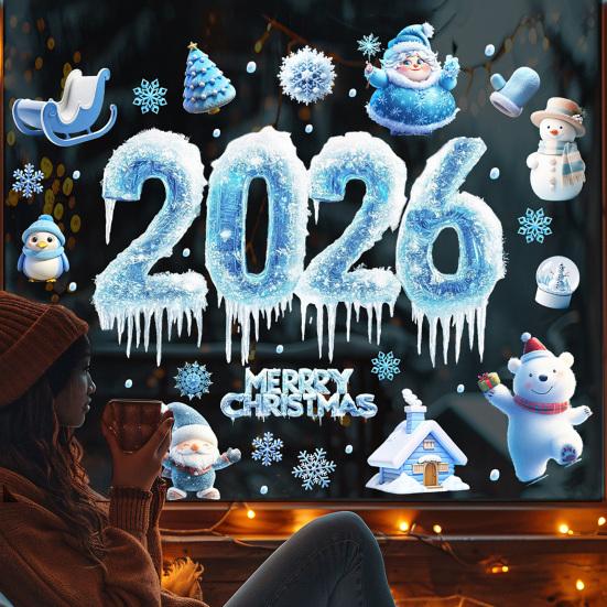 2026 Christmas Window Clings Blue Snowflake Ice Double-Sided Window Stickers PVC
