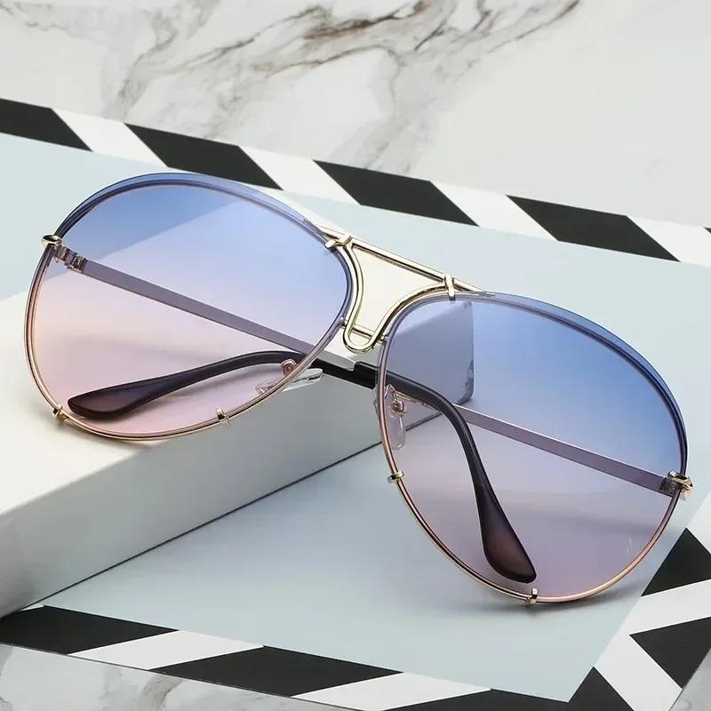 Vintage Rimless Alloy Aviation Pilot Sunglasses for Men Women Brand Gradient Sun Glasses Female Metal Oval Shades Black Brown