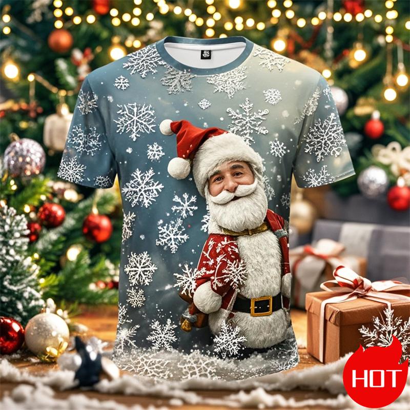 Funny 3D Snowflake Print Men's T Shirt Christmas Casual Loose Short Sleeve Tops Fashion New Year Gift