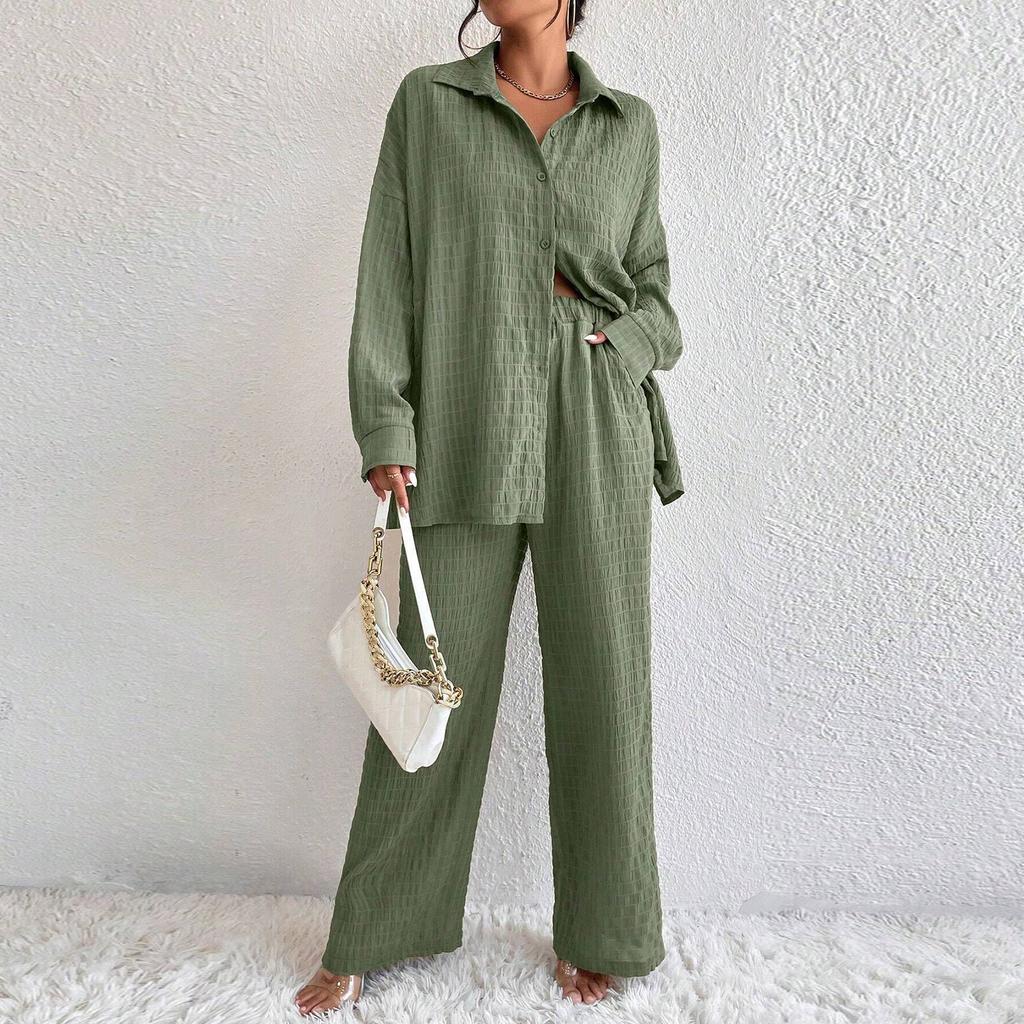 Women's Fashion Solid Color Collar Button Long Sleeve Top Elastic Waist Straight Pants Casual Set