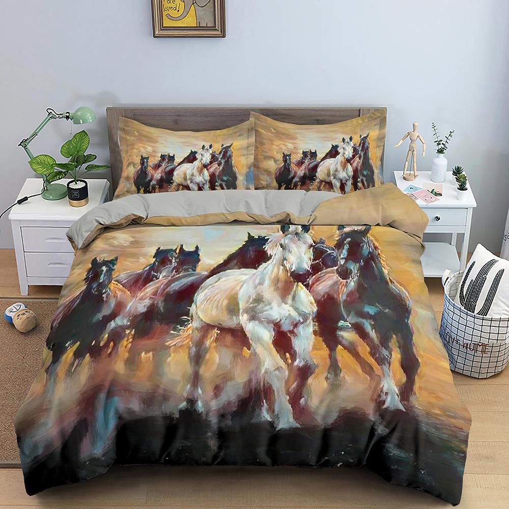 3D Horse Duvet Cover King Queen Size Black White Thoroughbreds Bedding Set For Teens Adults Animal 2/3pcs Polyester Quilt Cover