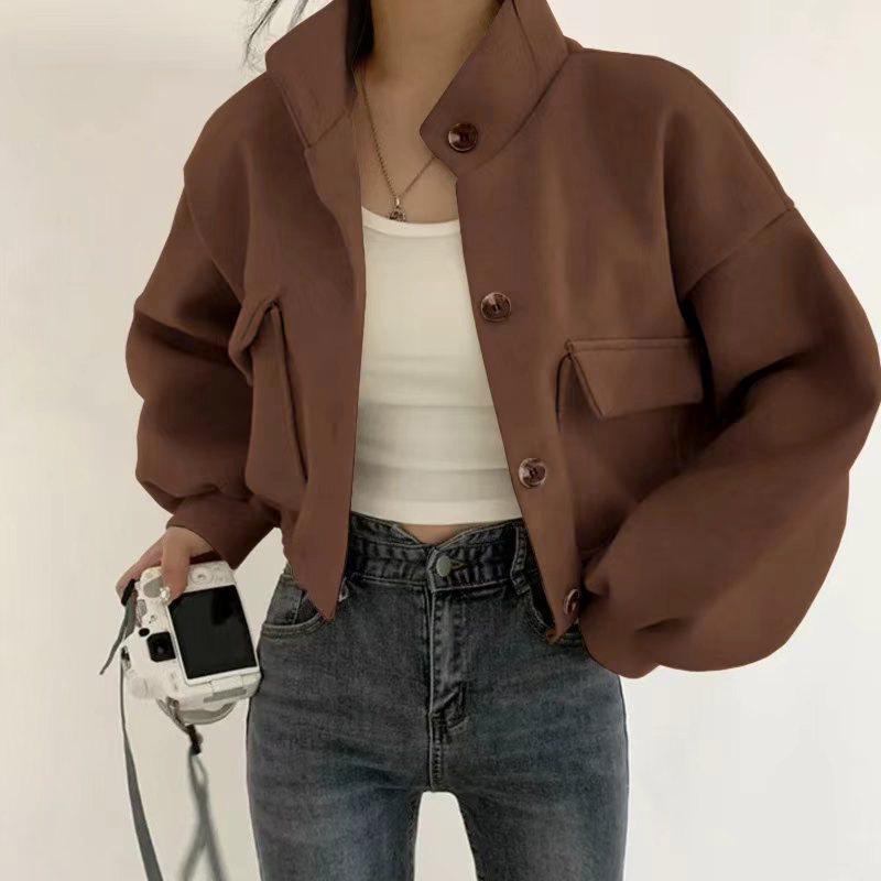 Palton de lână de damă, cu croiala largă - toamnă/iarnă, buzunare mari, guler ridicat, mâneci lungi, închidere cu nasturi, stil Hong Kong.