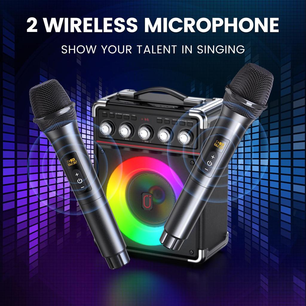 Karaoke-Maschine mit 2 Mikrofonen: HWWR Tragbare Karaoke-Maschine für Erwachsene Kinder, Party-Bluetooth-Lautsprecher mit Bass-/Höhenregelung