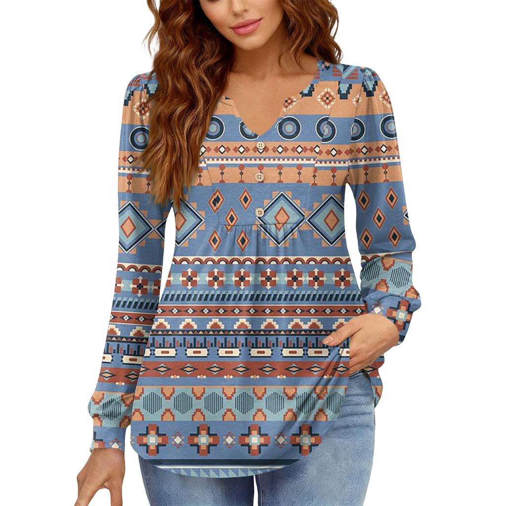 Women's Relaxed,Fit V,Neck Vintage Color,Blocked Floral Print Long,Sleeve Pullover Tee