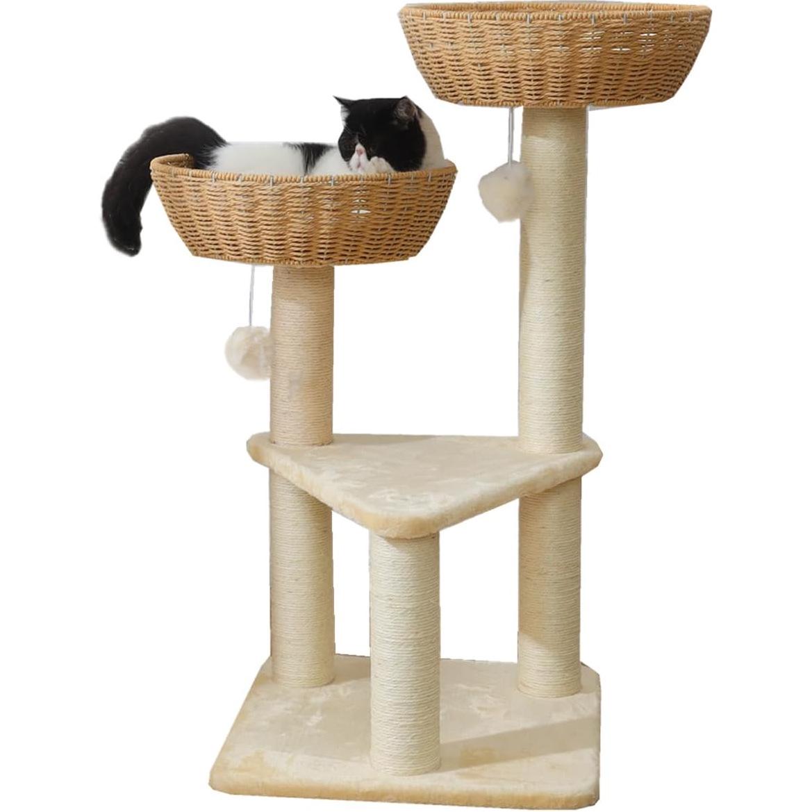 

Cat Tree Tower with Rattan Basket and Sisal Climbing Frame 45*45*89.9 слоновая кость/белый