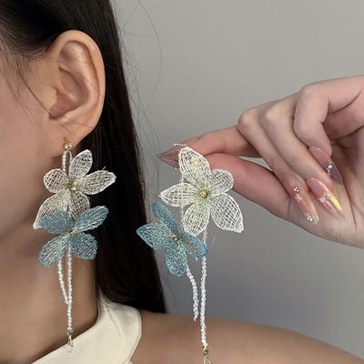 Colier Guler Femei Broderie Manuală Decor Floare Mare Exagerată Cercei cu Ciucuri Perle Imitație Bijuterii de Sărbătoare Cadou