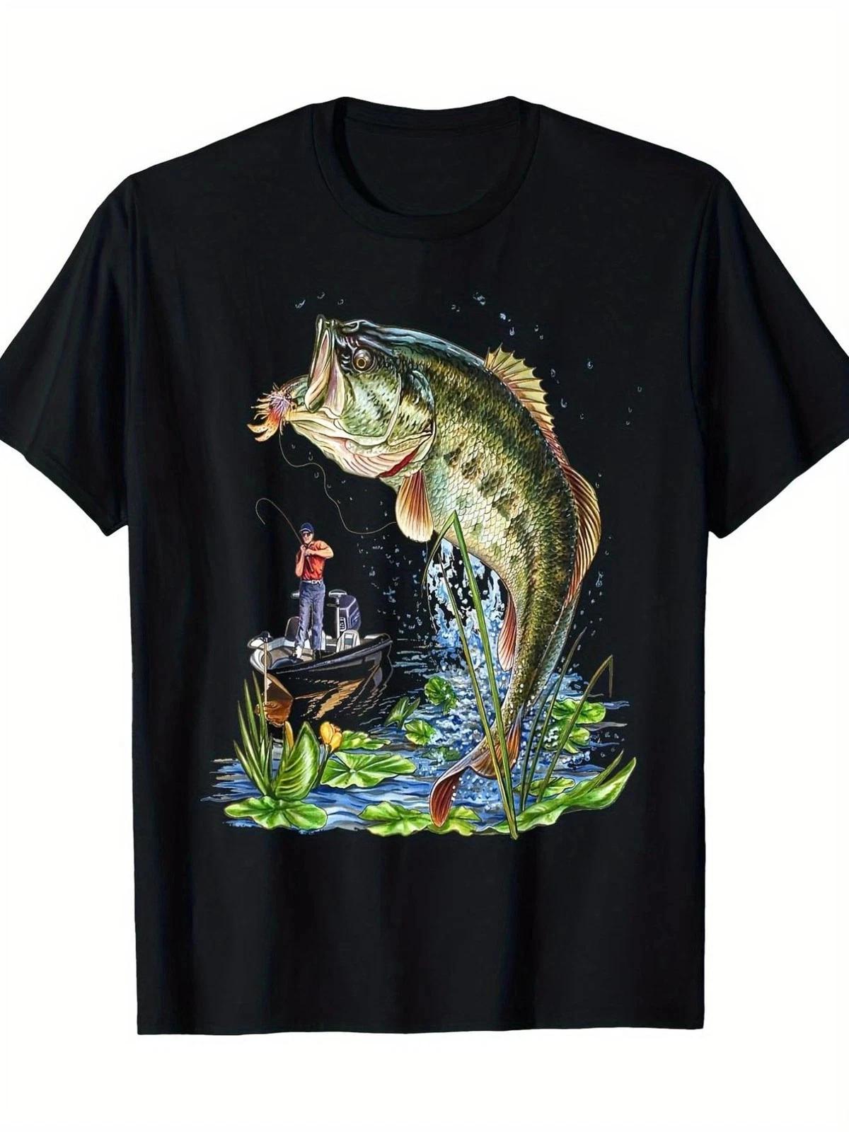 Men’s Largemouth Bass Fishing Graphic T-Shirt Jumping Fish Angler Outdoor Tee S