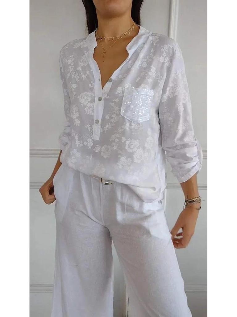 European-American Spring 2025 Loose Casual Long Sleeve Sequin Pocket Shirt