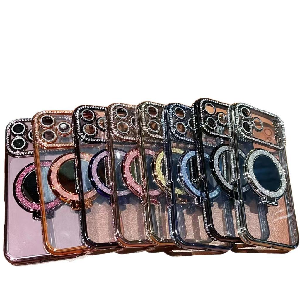 Electroplated rhinestone edge, suitable for iPhone18PROMAX mobile phone case, makeup mirror bracket, Apple 17 transparent soft cover 13.
