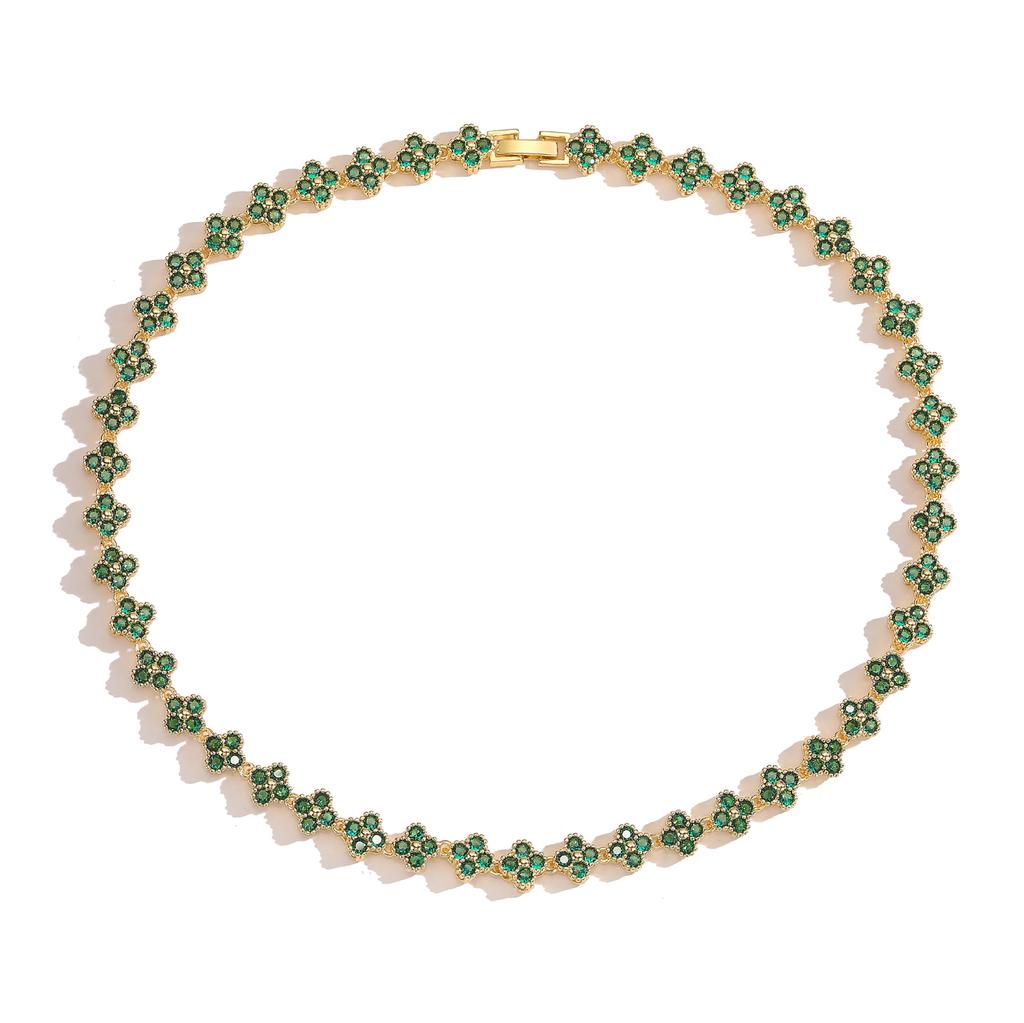 Fashion Design Luxury Jewelry 18K Gold Colorful Zircon Four Leaf Clover Bracelet Necklace Jewelry Luxury Four Leaf Clover Set