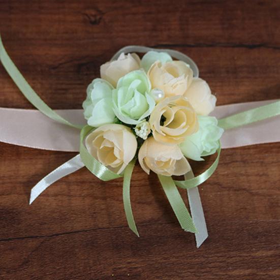 Wrist Flower Vivid Pattern Fake Pearl Ribbon Cloth Pretty Bridal Flower Bracelet for Wedding