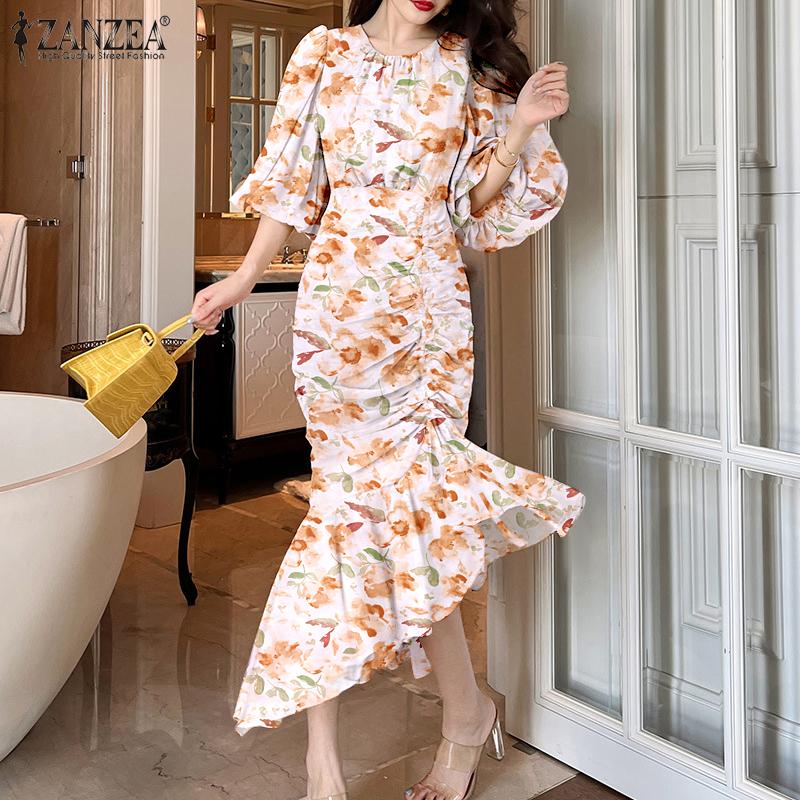 

ZANZEA женское пышное платье с цветочным принтом и рукавами 3/4 с рюшами и нерегулярным подолом, вечернее элегантное повседневное тонкое длинное платье русалки