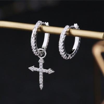 Fashion Silver Color Cross Pendant Asymmetric Earrings For Women Sparkling Cubic Zircon Hoop Earrings