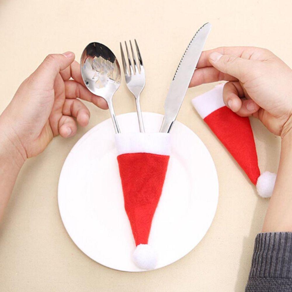 Party Decor Red Santa Hat Tableware Holder Silverware Cutlery Bag Christmas Hat Spoon Fork Bags